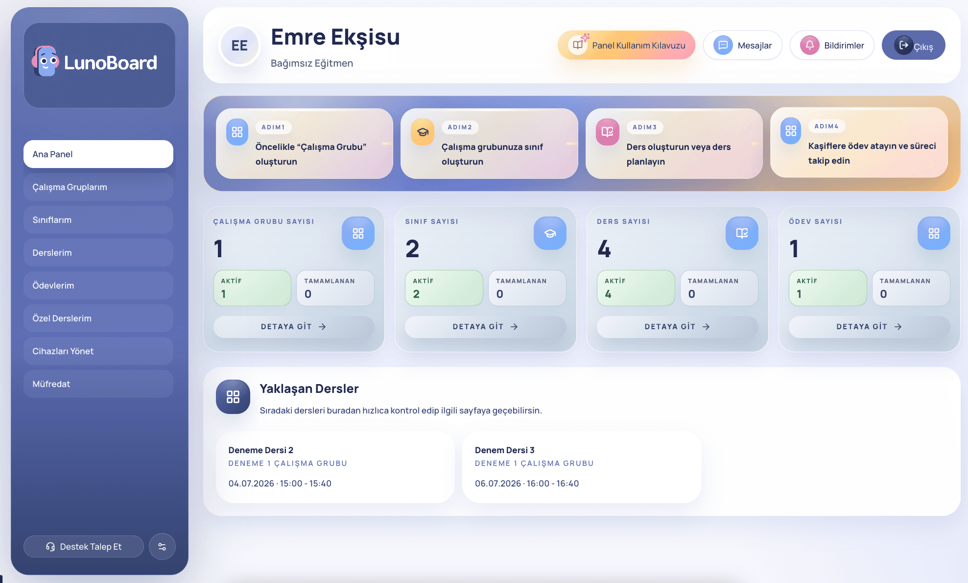 LunoLMS eğitmen paneli çalışma grupları, dersler, ödevler ve yaklaşan dersler ekranı