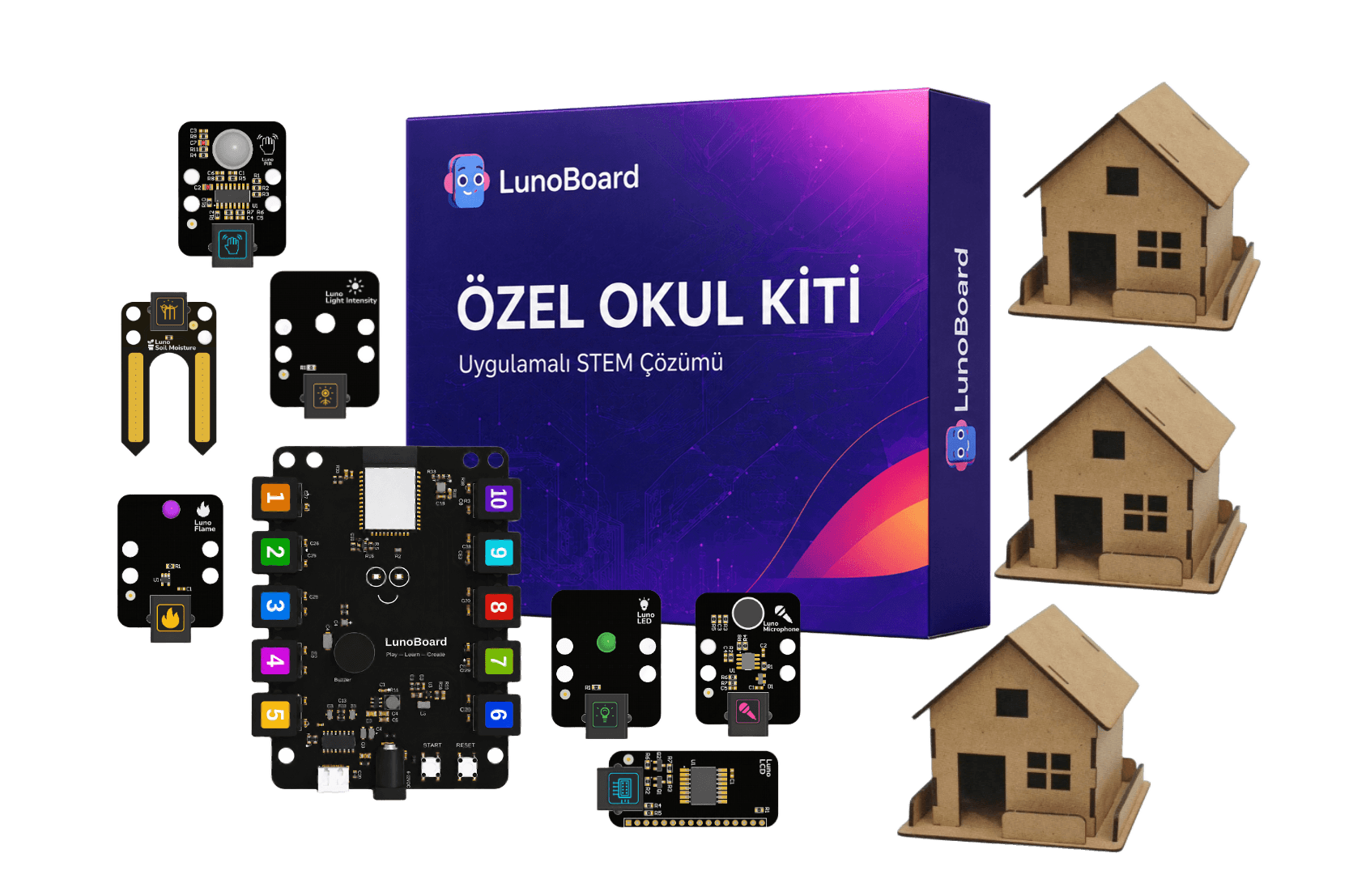 LunoBoard Özel Okul Kiti; ana kart, tak çıkar sensörler ve ev maketi