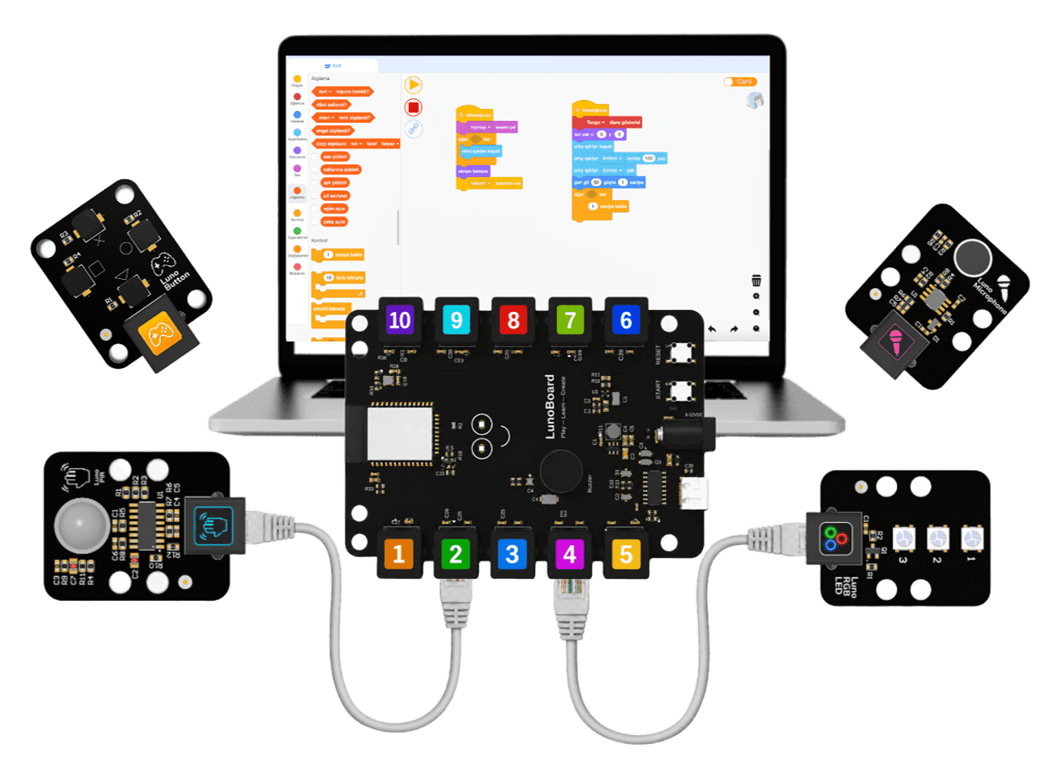 LunoBoard, sensörler ve LunoCode ekranı