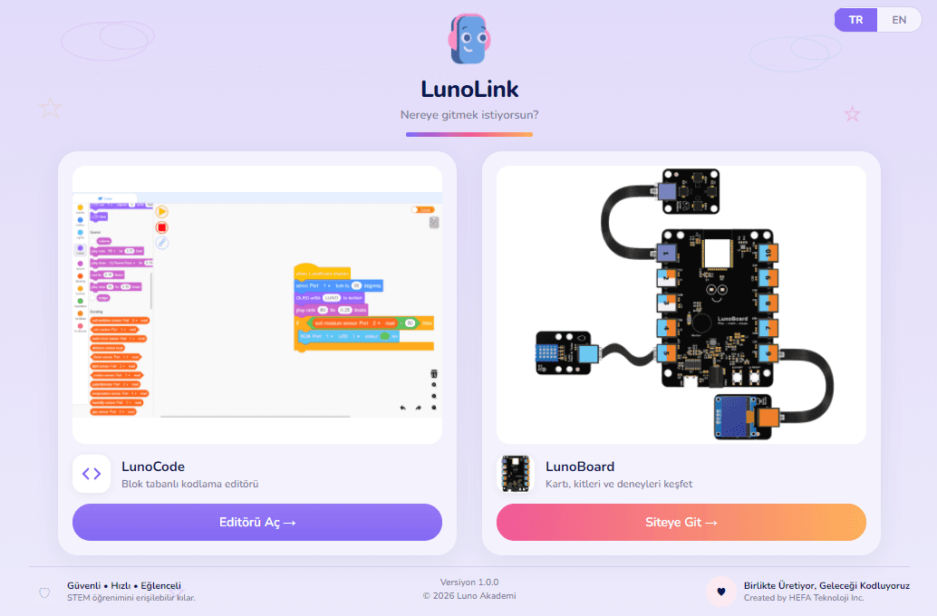 LunoLink uygulamasında LunoCode ve LunoBoard bağlantı ekranı