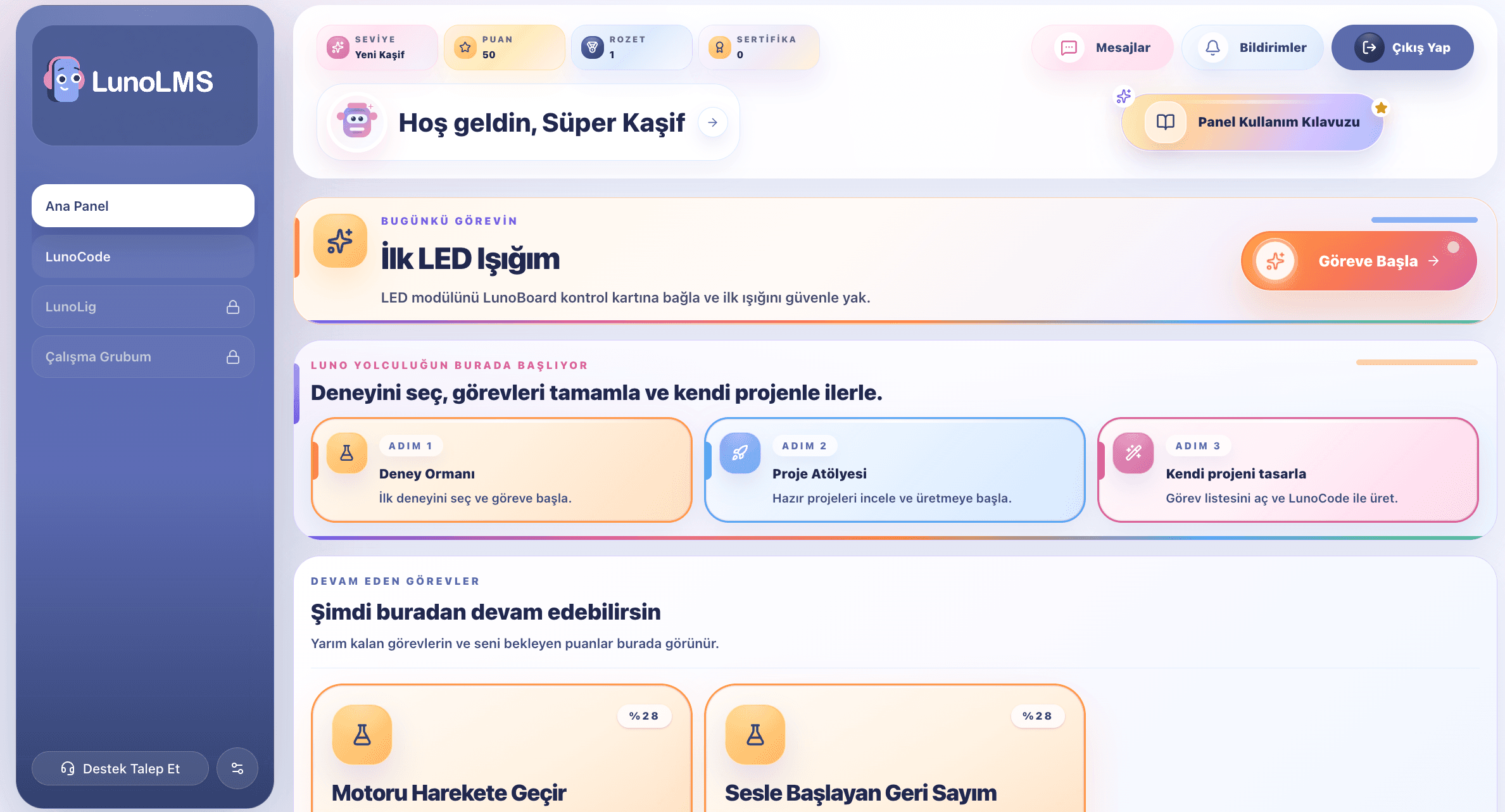 LunoLMS kaşif paneli ve öğrenme akışı ekranı