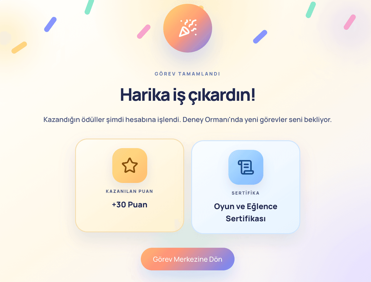 Görev tamamlandı ekranı